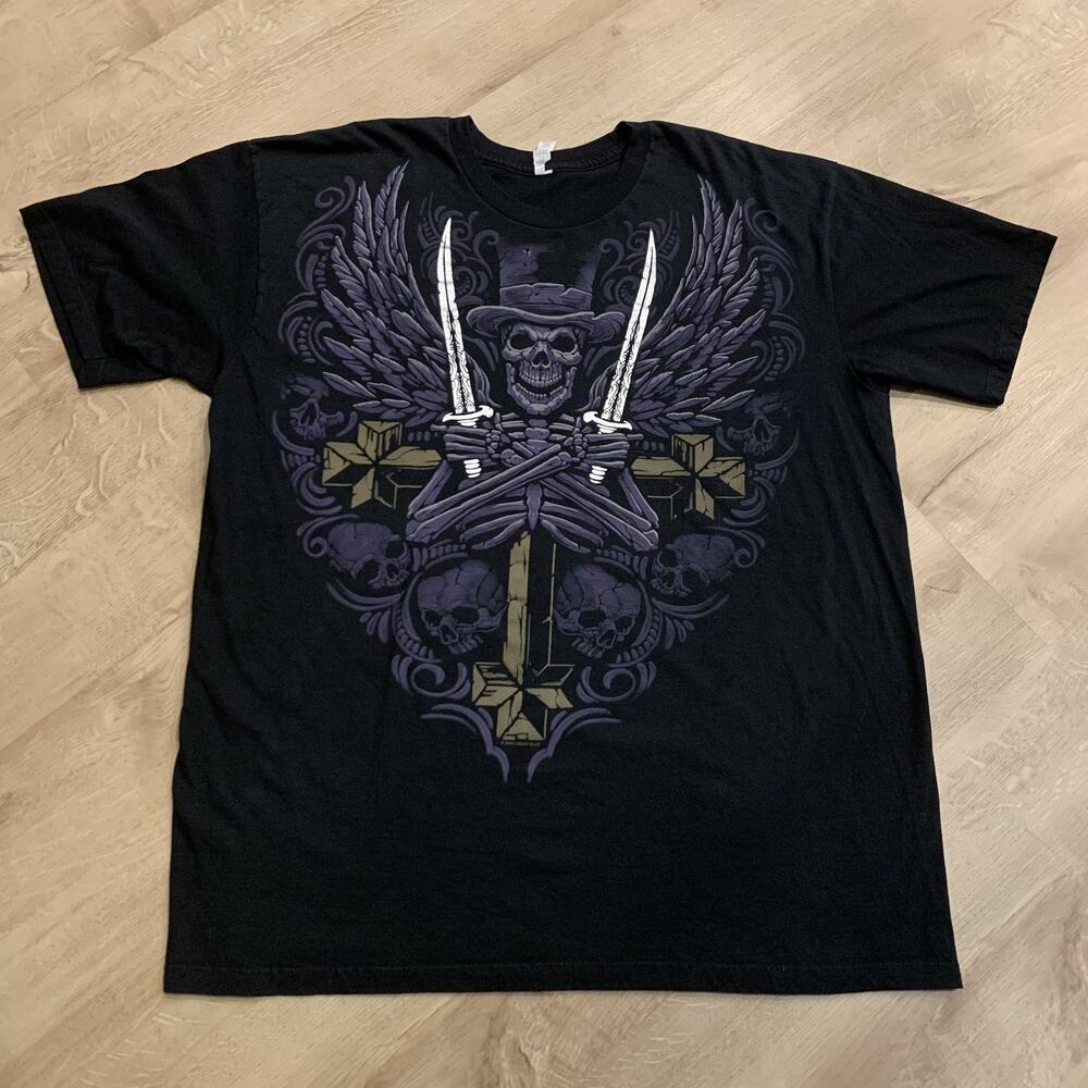 Vintage Y2K Liquid Blue 2008 Skeleton Wings Cross Swords T-Shirt Men's XL Black